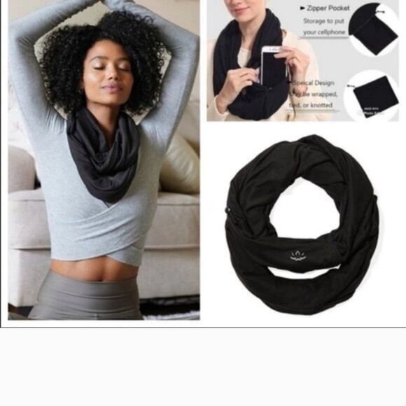 New Beyond Yoga Black Scarf Infinity Scarf With Pocket - Picture 3 of 10